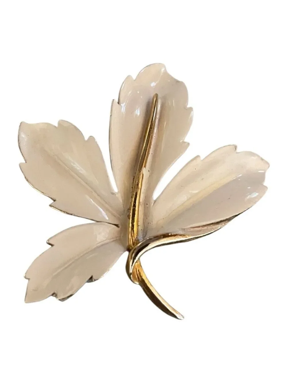 Vintage Trifari White Enamel Maple Three-Leaf Gold Tone Brooch Unmarked.